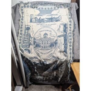 Vintage Greensburg Pennsylvania Blue White Woven Lap Blanket Fringe